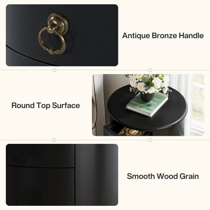 Solid Wood Bedside Table, Round Nightstand with 4 Drawers