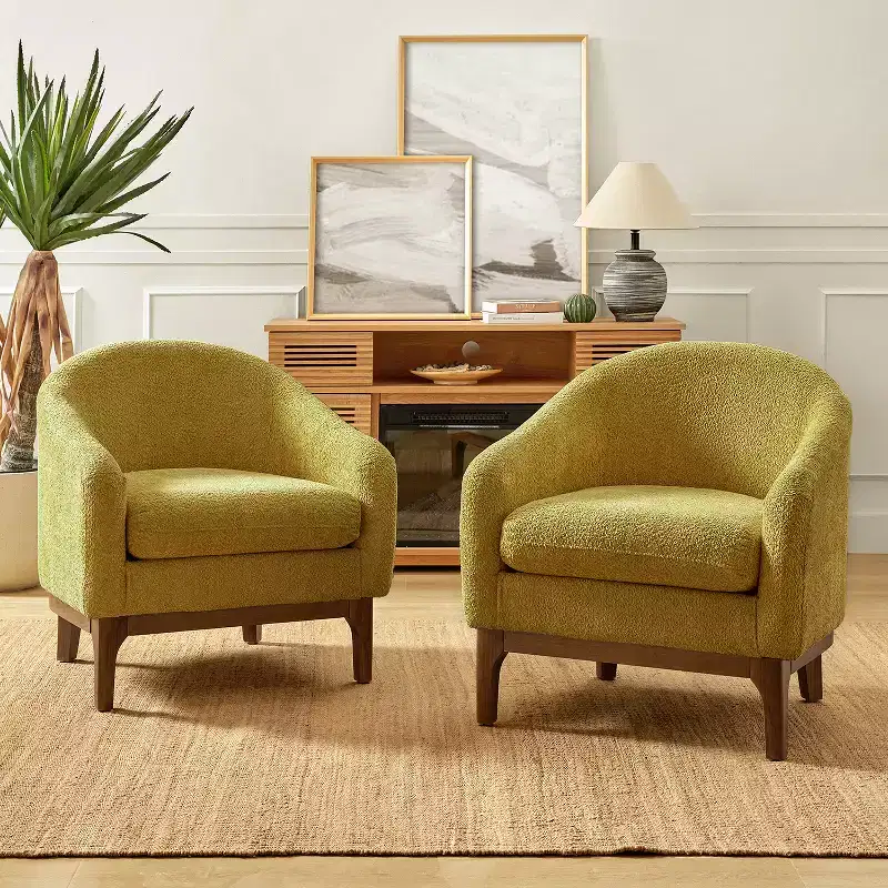 Boucle Barrel Armchair Set of 2 Solid Wood Legs High-Density Foam Dual-Sided Cushion