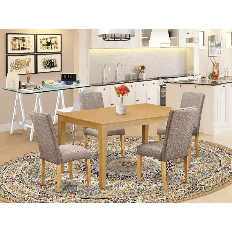 Dining Room Table Set 60 Inch Rectangle with 4 Chairs - Linen Fabric Dark Khaki Finish