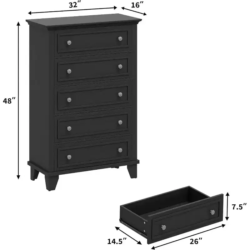 GustoWave 5-Drawer Tall Dresser,48 Vintage Wood Chest with Storage for Bedroom, Hallway & Closet