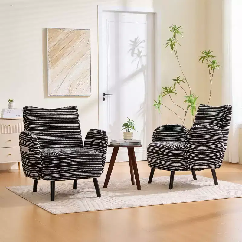 Modern Stripe Design Sofa Armchair with Side Pocket and Solid Wood Legs, Comfortable Accent Reading Chair for Living Room Bedroom Office