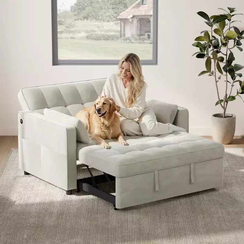 Beige/Black 3-in-1 Convertible Pull-Out Sofa Bed with USB Ports, 2-Seat