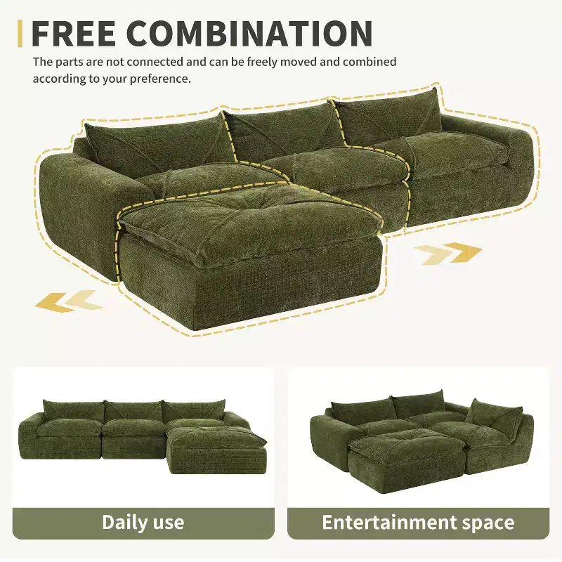 Whisen 116 Modular 4-Seat Sofa Bed, Spacious Foam Filled, Elderly/Baby Safe, No Assembly, Free Combination