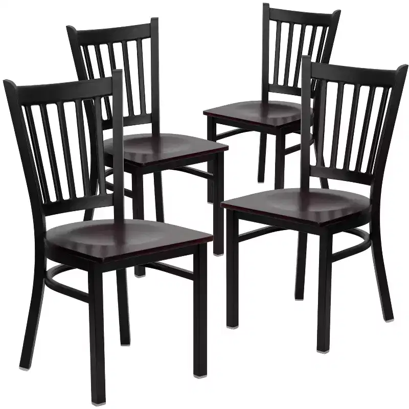 Set of 4 Vertical Back Metal Restaurant Dining Chairs – Mahogany Wood Seat, 500 lb, Commercial Grade