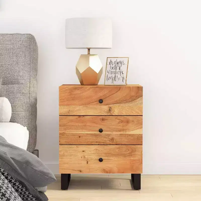 Industrial Accent Nightstand End Table with 3 Drawers Solid Wood - Light Wood