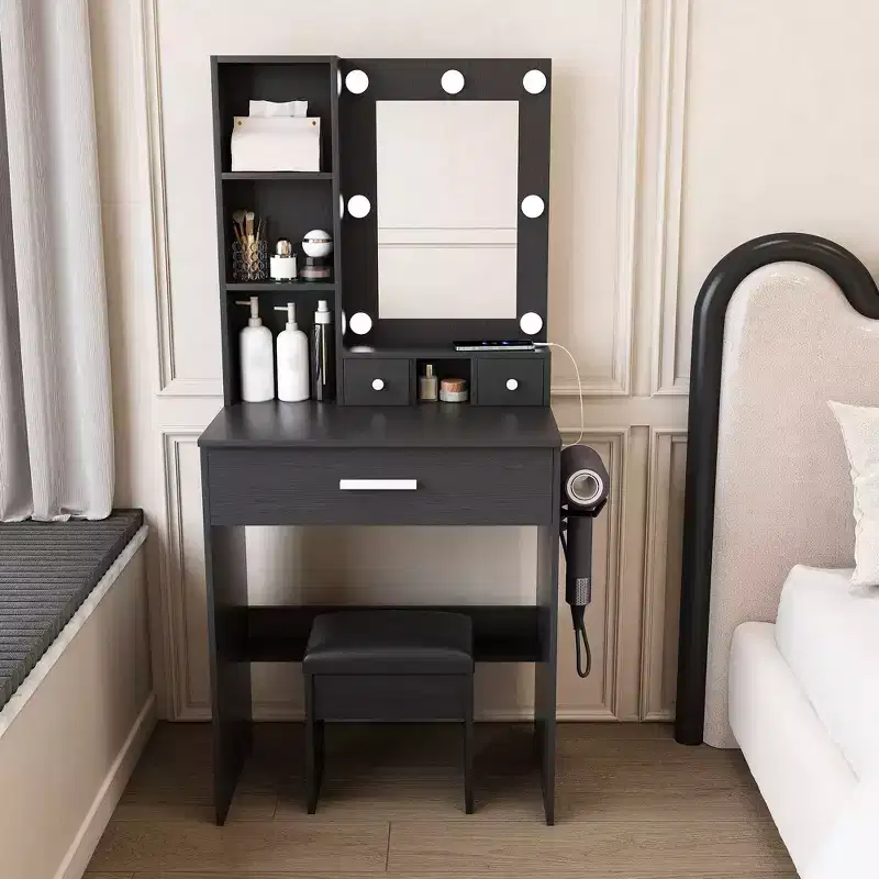 Okak Modern Vanity Table with Mirror & Adjustable LED Lights,Storage Dressing Desk with Power Outlet & Stool,Makeup Table for Small Bedrooms