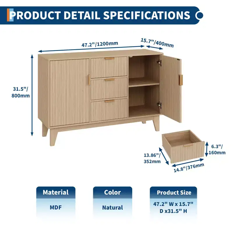 47.2 W Storage Cabinet with 3 Drawers, Large Sideboard with 2 Doors, Modern Mid-Term TV Stand Coffee Bar Cabinet Living Room, Kitchen, Entry