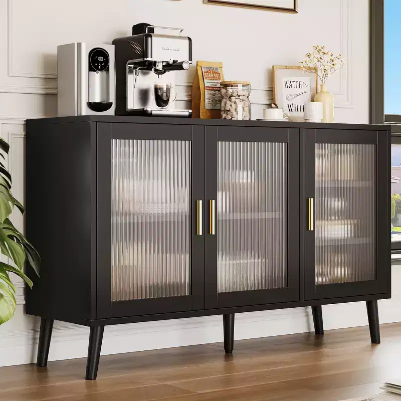GustoWave 48 in Large Black Sideboard Cabinet with 3 Fluted Glass Doors for Kitchen, Dining and Living Room