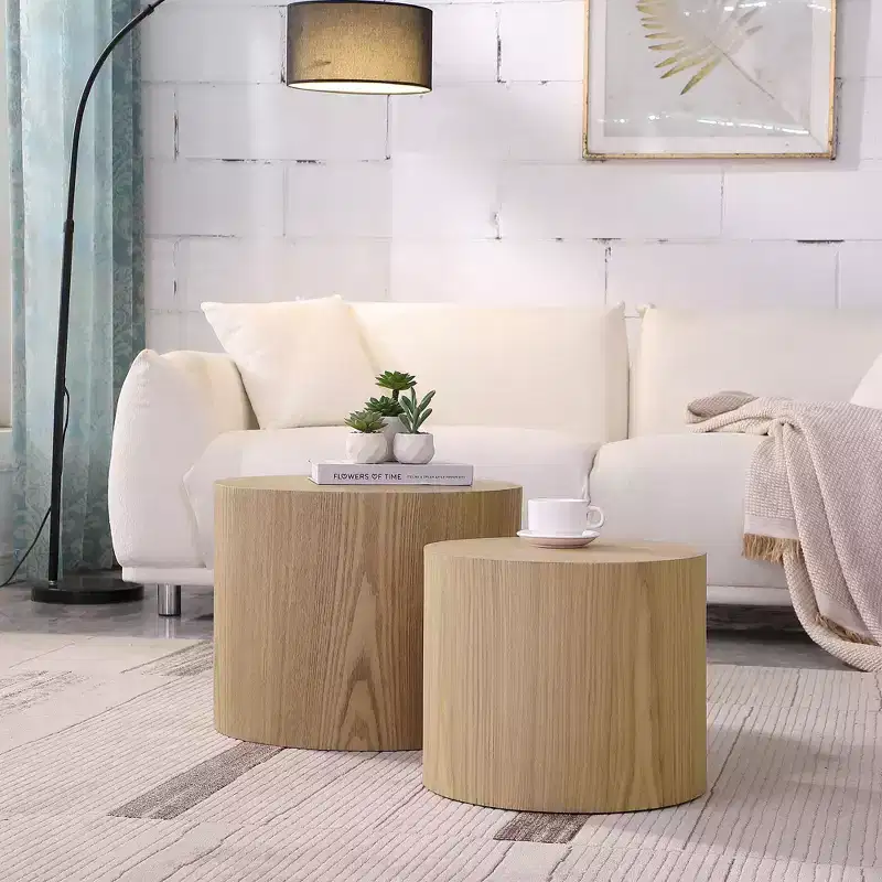 Cylinder Wood Grain Nesting Side Table Set of 2 – Cream White / Matte Black / Oak / Walnut / White
