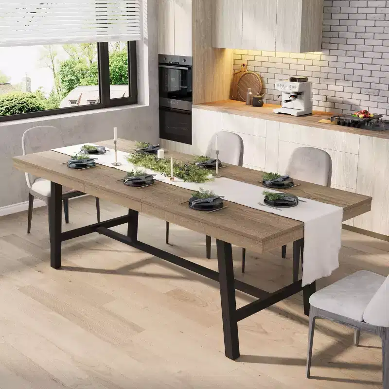 Extendable Dining Table, Industrial Rectangular Dining Room Table, Metal Frame, for Dining Room, Kitchen