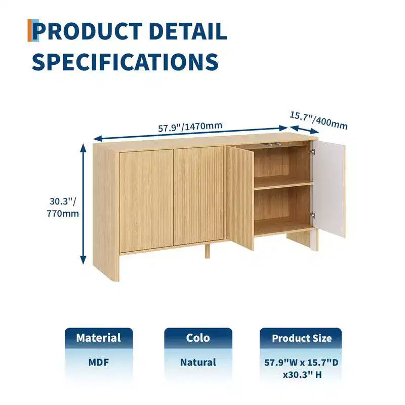 58 Modern Sideboard Buffet Cabinet with Fluted 4 Doors and Adjustable Shelves, Credenza Coffee Bar TV Console Cabibet