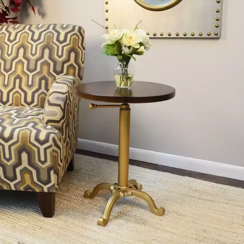 Carolina Living Miller Adjustable Vintage Accent Table Gold: 24" High, Round Mango Wood Top, Metal Frame
