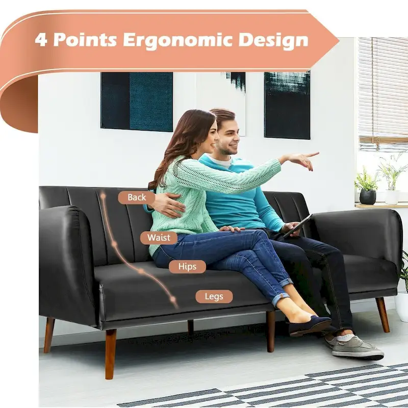 Convertible Sofa Bed with Adjustable Backrest and Faux Leather Upholstery