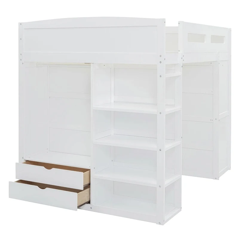 Loft Bed with Desk, Wardrobes, 4 Drawers and 4 Shelves