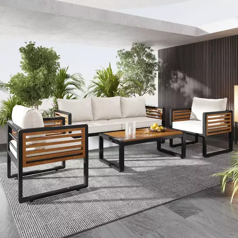 4-Piece Outdoor Patio Conversation Set for 5, Metal Frame Sofa Set with Cushions and Acacia Wood Coffee Table for Garden, Backyard-Panipeachy