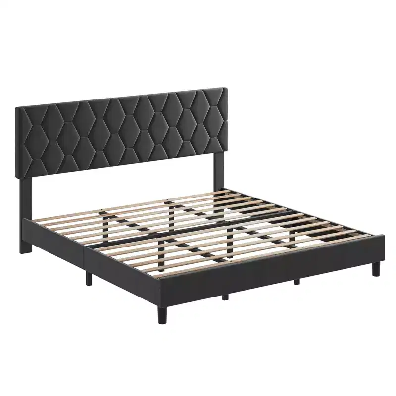 Upholstered Bed Frame with Adjustable Headboard & Wood Slats, No Box Spring Needed, Noise-Free, Easy Assembly, Modern, Twin/King, Beige