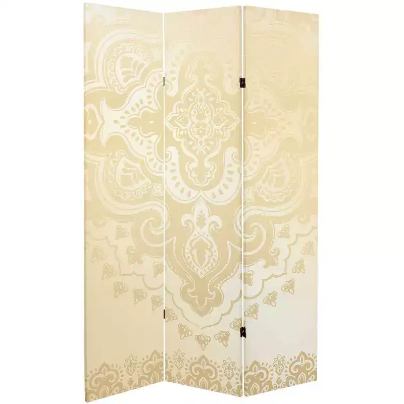 6" Double Sided Mandala Pattern Canvas Room Divider Ivory: Adjustable 3-Panel Biombo, Spruce Wood Frame