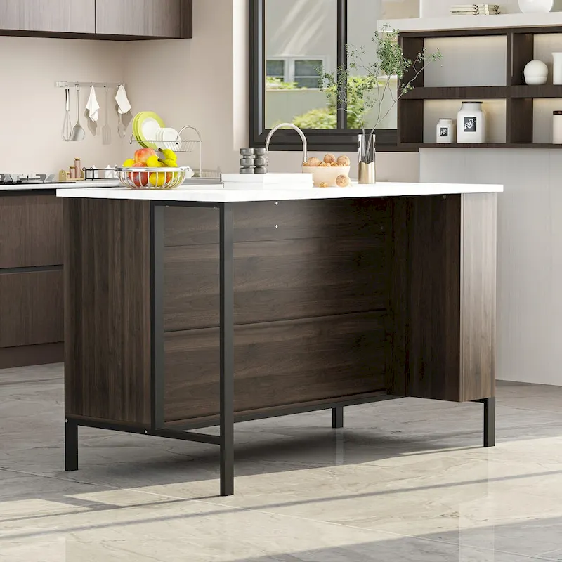 55.1W Buffet Kitchen Island Cabinet with Open Shelves Two Drawers