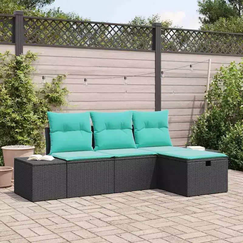 vidaXL Garden Sofa Set 4 pcs Black 55 x 62 x 69 cm Poly rattan - Black Blue