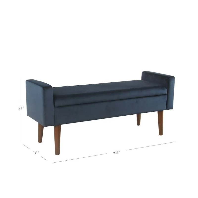 Mid-Century Velvet Storage Bench with Hinged Lid & Walnut Legs, 48