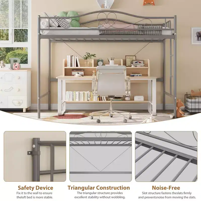 Single loft bed  Heavy-duty metal frame, removable ladder, full-length safety rails, 400 lbs weight capacity, no mattress base required
