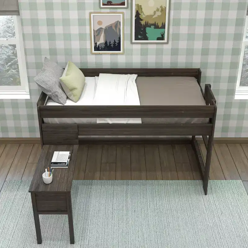 Solid Wood Loft Bed with Desk, Modern Farmhouse High Twin Loft Bed for Kids