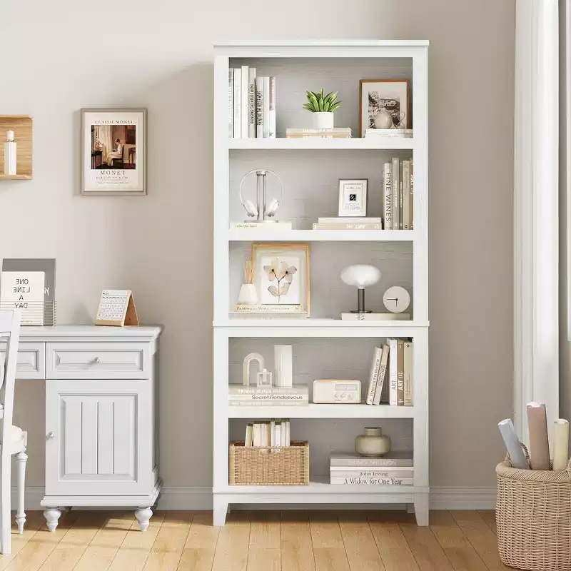 5 Tier Tall White Bookshelves, Large Wooden Bookcase with Adjustable Shelves
