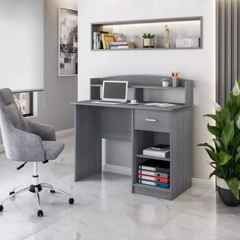 Modern Office Desk with Hutch, Gray