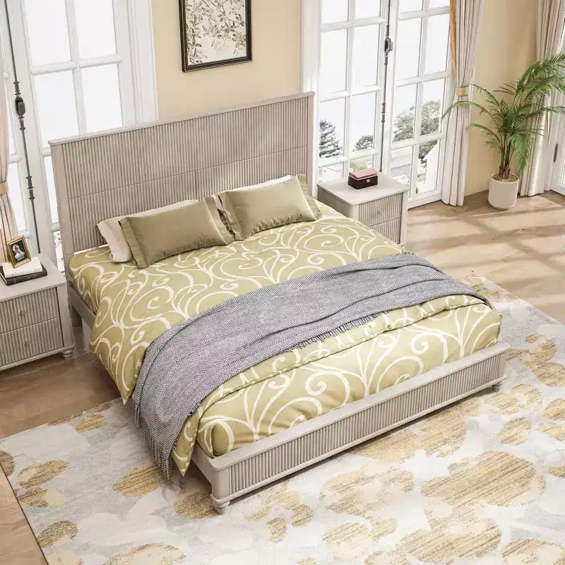 3-Piece Bedroom Set, Queen/King Size Bed Frame & 2 Fluted Nightstands with Storage Drawers - ModernLuxe