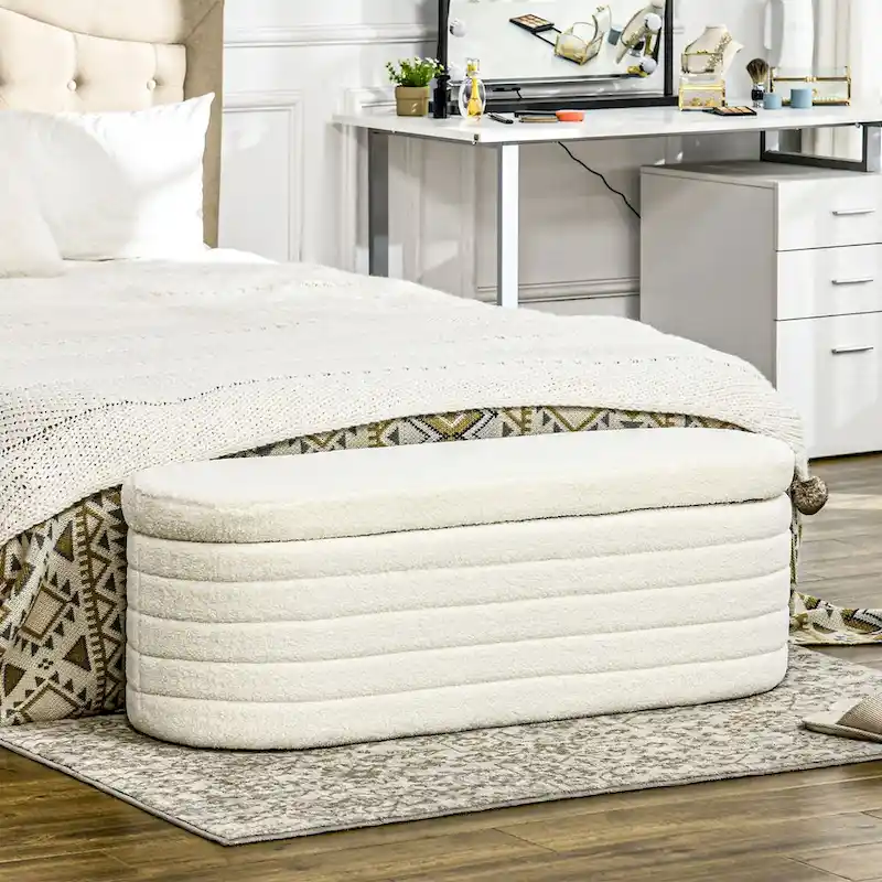 HOMCOM 46 Storage Ottoman Bench, Teddy Fleece Upholstered Boucle Storage Bench with Wood Frame, Bedroom Bench for Living Room