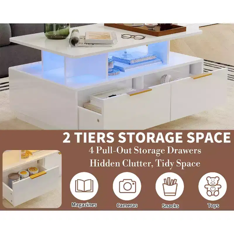 COZONY 35'' Modern Coffee Table with 4 Drawers and Open Shelf, High Gloss White Rectangle Center Table for Living Room