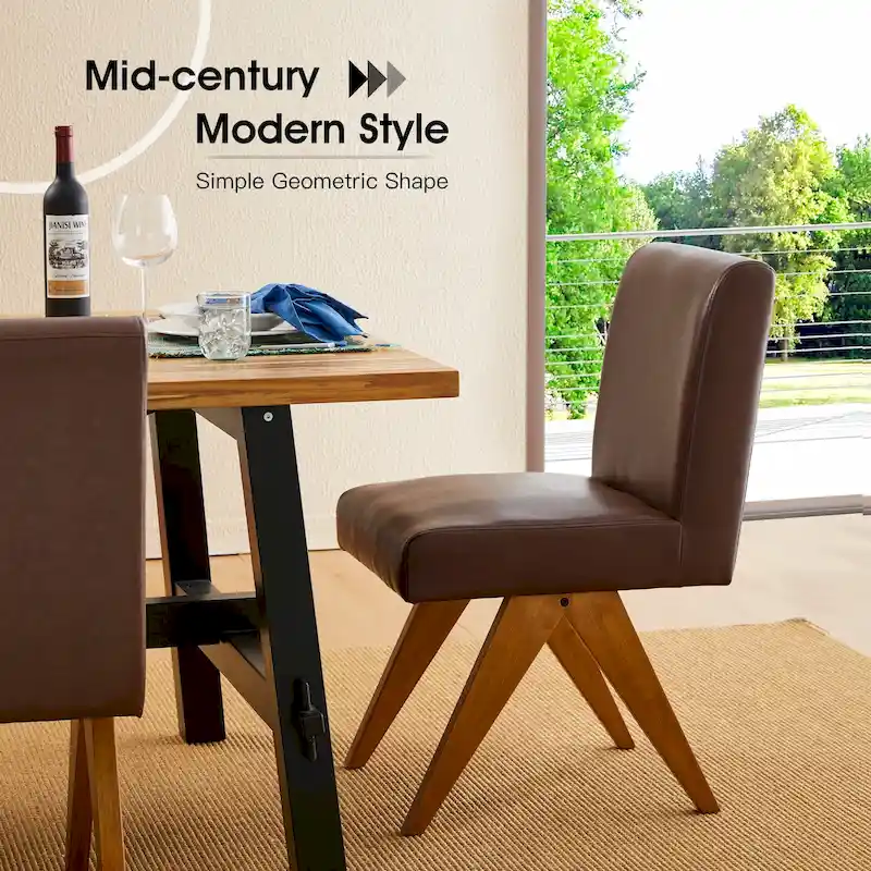 Faux Leather Upholstered Dining Chairs with V-Shaped Wood Legs