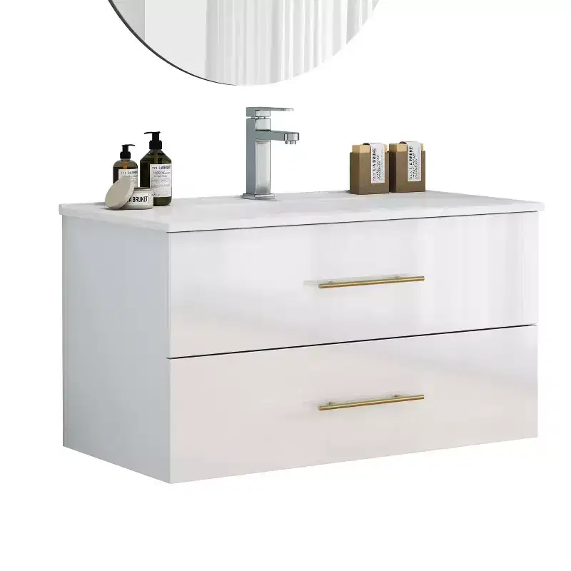 Bathroom Vanity Wall-Mounted with Sink, Double Drawers, Ceramic Sink, Long Metal Handle, Easy to Install