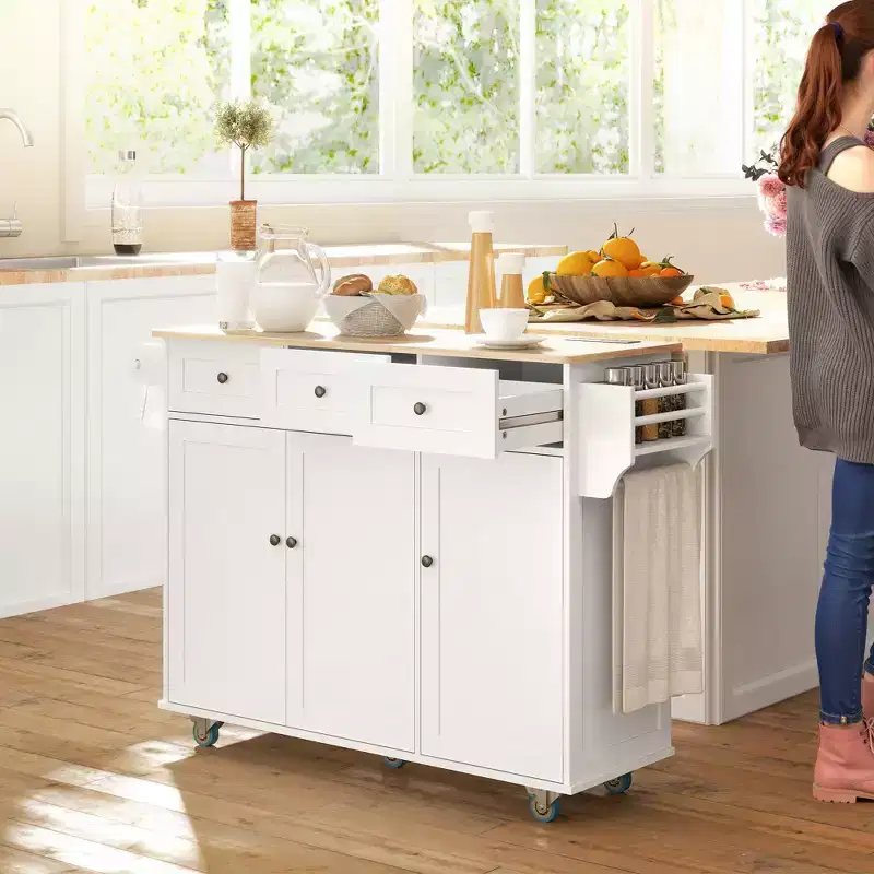 Rolling Kitchen Island with Charging Station, Drop Leaf & 3 Drawers