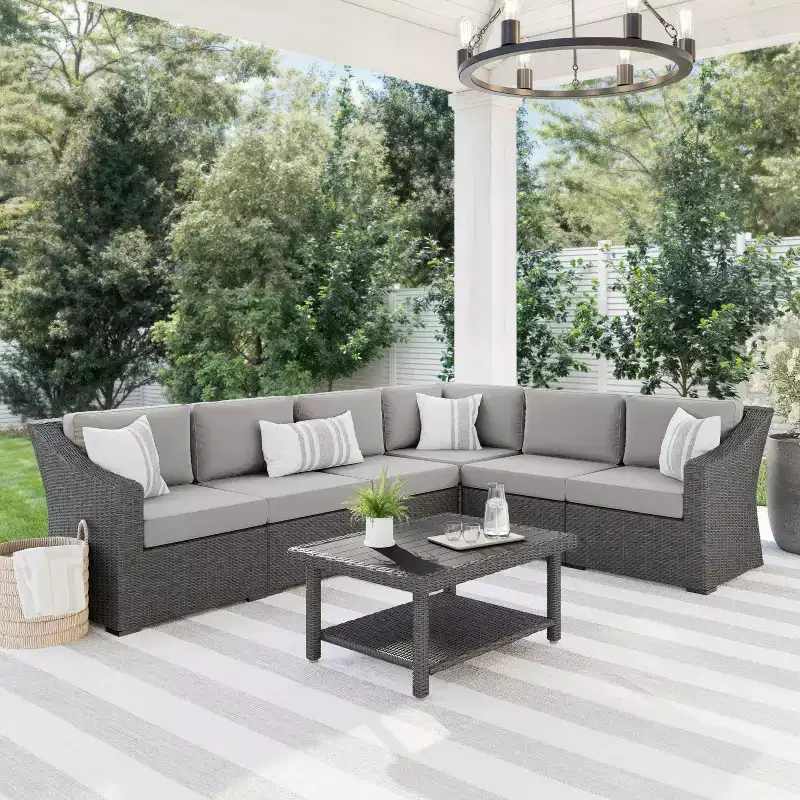 Martha Stewart Bedford Indoor-Outdoor Modular Patio 6-Seat Sectional Sofa in Rattan Wicker with All-Weather Cushions