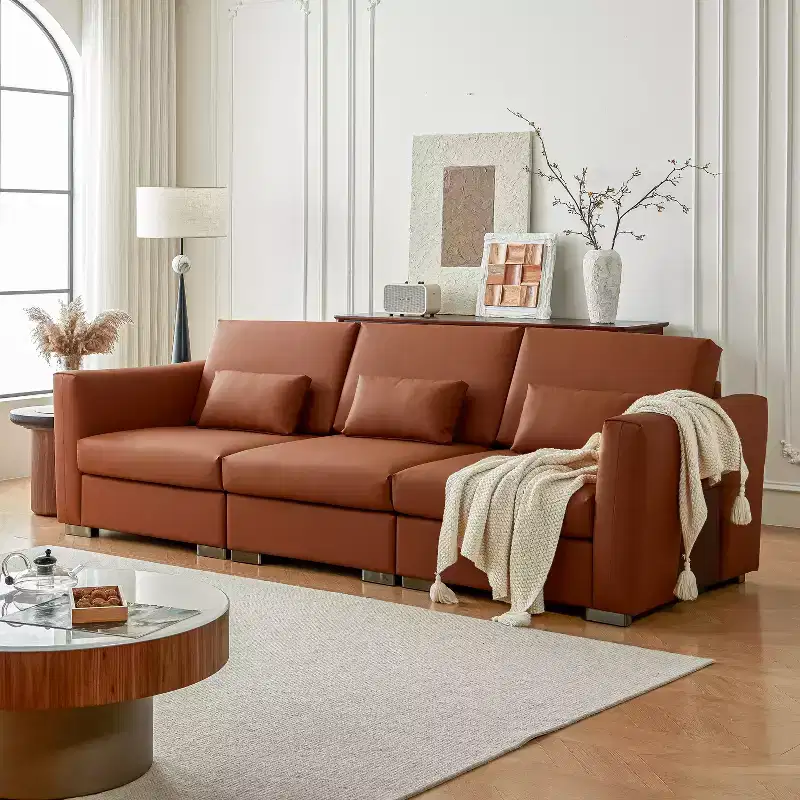 ATJafurn Mid Century Modern Sectional Leather Couch, Orange Genuine Leather Sofa with Metal Legs 2 Pillows Deep Seat for Living Room