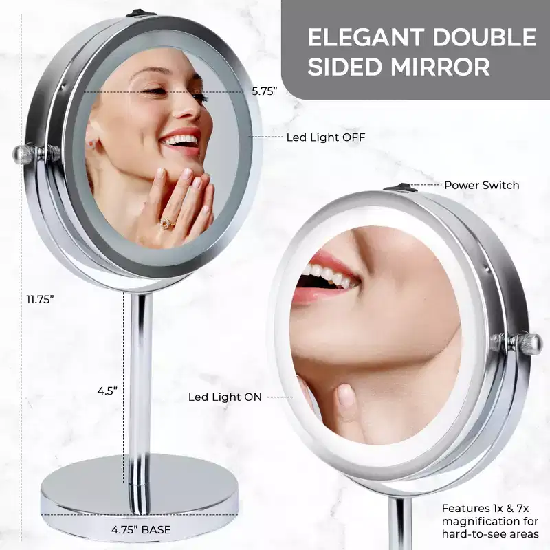 Vanity Mirror with LED Lights 1x & 3x Magnification, Double-Sided LED Lighting Chrome Finish, Battery Operated 5.75-Inch Diameter