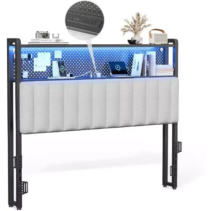 Metal & Upholstered Headboard with 2-Tier Shelves, Pegboard & RGB LED Lights 39.96''W x 45.28''H