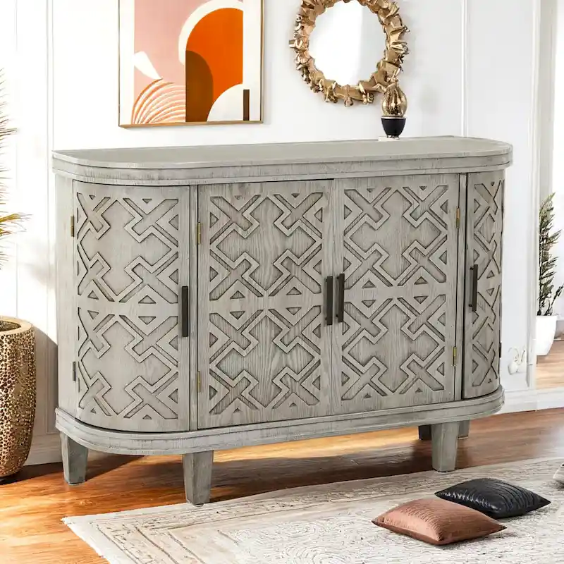 Sideboard Cabinet with Raised Retro Pattern Doors & Fir Wood Legs – Black / White / Antique Gray / Navy Blue, MDF