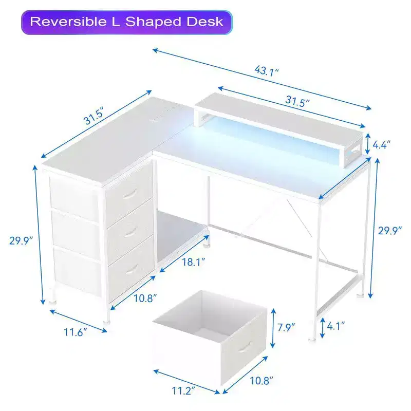 L Shaped Home Office Desk, Storage Shelves Gaming Computer Desk with Drawers & Shelves for Home Office