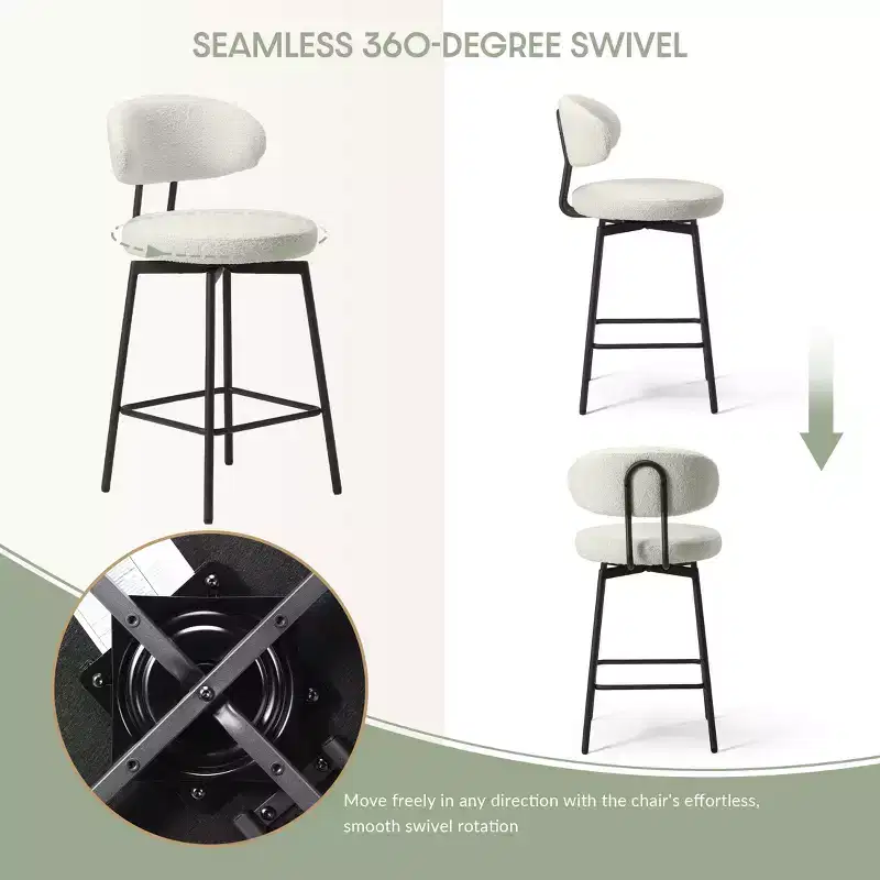 Modern Upholstered Faux Shearling Fabric Counter Height Bar Stools with Back (Set of 2