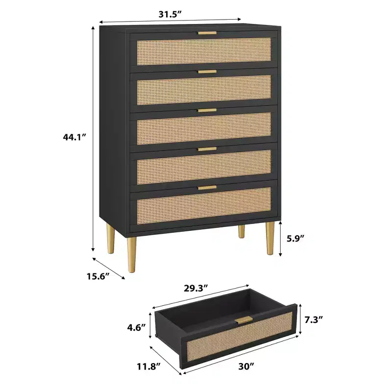 Rattan 5 Drawer Dresser, 44'' Tall Narrow Chest of Drawer, Farmhouse Wooden Vertical Dresser w/Metal Legs & Handles, for Bedroom, Living Room