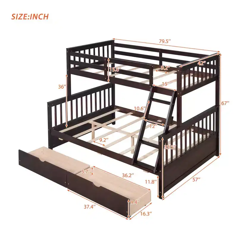 Twin over Full Bunk Bed with Storage Drawers, Solid Pine Wood Frame and Ladder with Guard Rails for Kids Teens