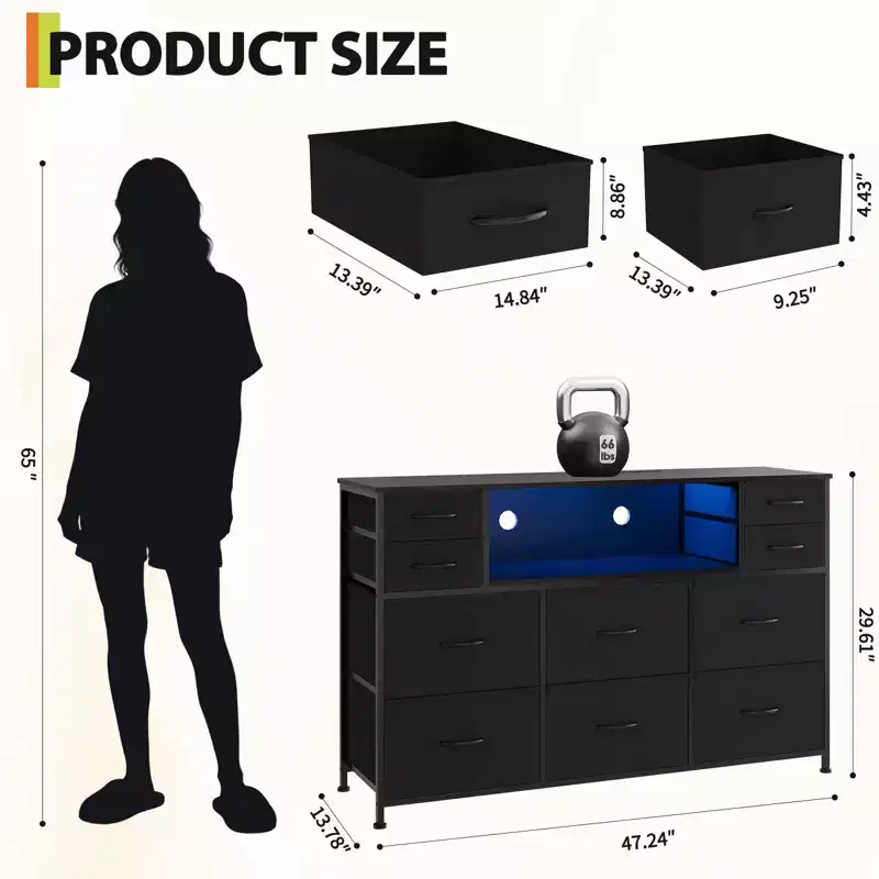 10 Fabric Drawers Dresser, Entertainment Center TV Stand with Power Outlet & LED Light for 45-55 TV, Chest of Drawers with Wood Top for Bedroom