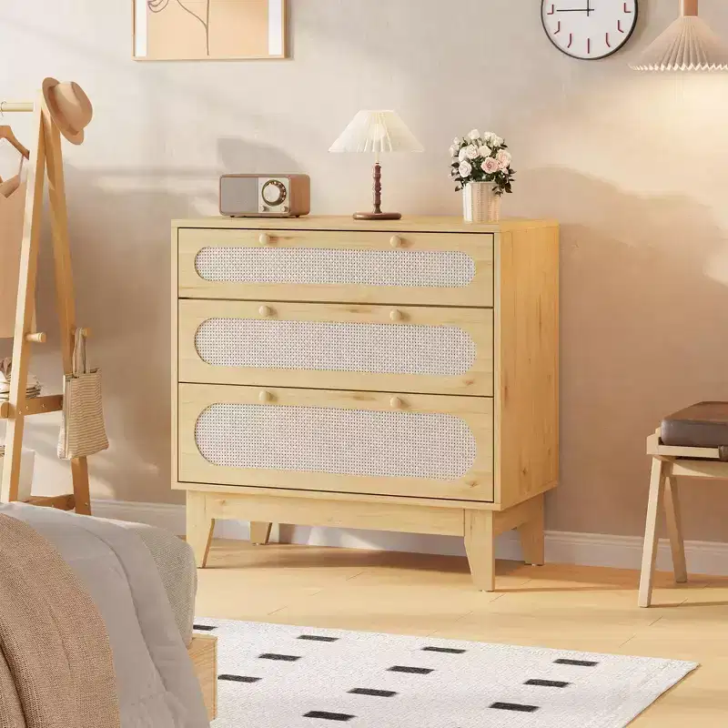 Rattan Nightstand with Drawers, Modern Large Bedside Table Night Stand for Bedroom