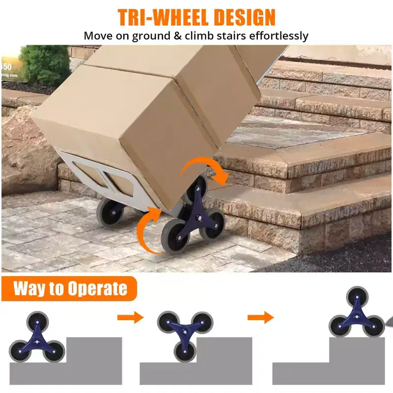2-in-1 Aluminum Stair Climbing Hand Truck – 650 lb Capacity, Tri-Wheel Design, Dual Grip Handles