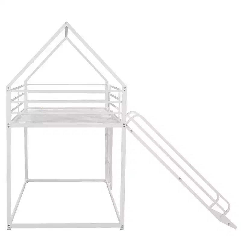 Twin over Twin Metal House Bunk Bed with Convertible Slide and Ladder