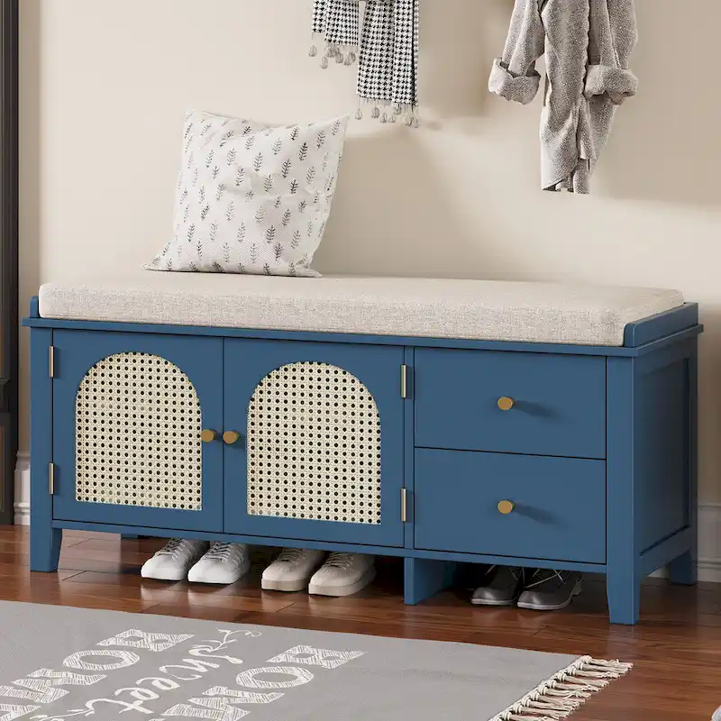 Vintage Shoe Bench with Cushion, 2 Drawers & 2 Rattan Doors