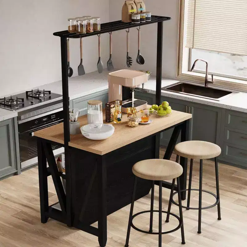 Wooden Kitchen Island with Power Outlet & LED Lights, Bakers Rack with Storage, Black