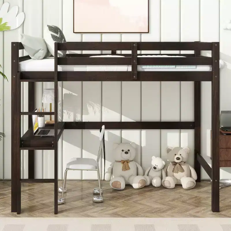 MATEERTY Twin Loft Wood Bed with Bulit in Desk Safety Guardrails Ladder Brown